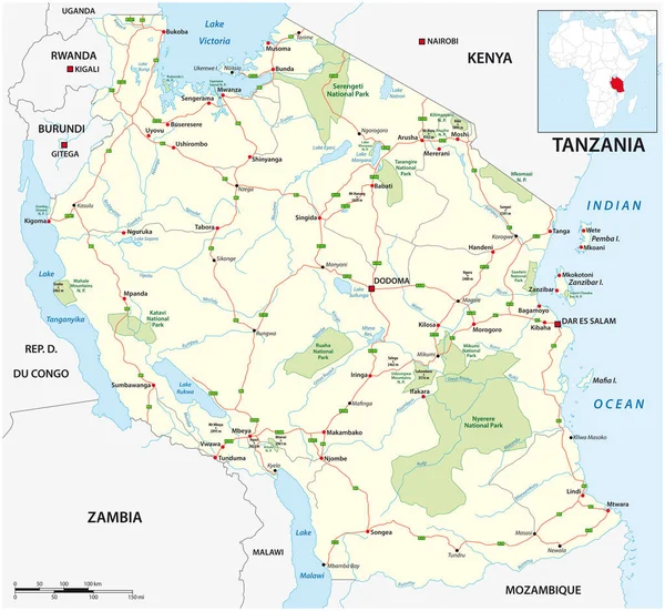 Mapa Vectorial Carreteras Parques Nacionales Tanzania — Vector de stock