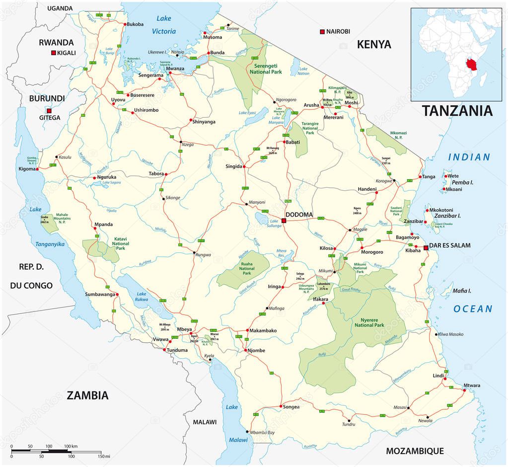Roads and National Park Vector Map of Tanzania