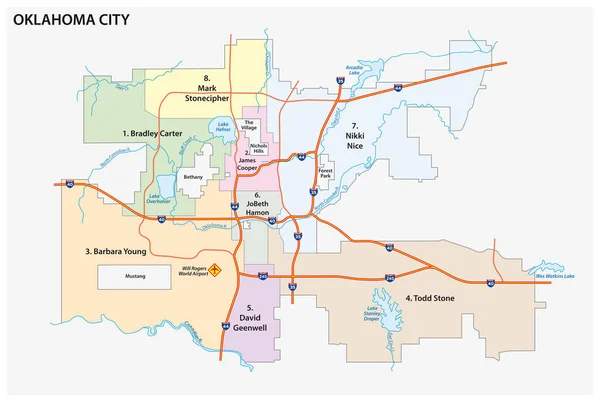 Straßen Und Verwaltungsvektorkarte Von Oklahoma City Vereinigte Staaten — Stockvektor