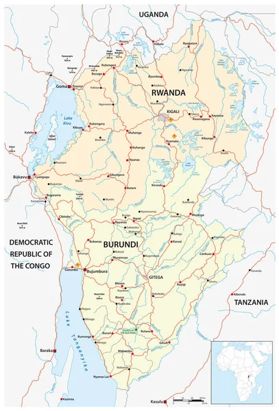 Doğu Afrika Eyaletlerinin Vektör Yol Haritası Ruanda Burundi — Stok Vektör