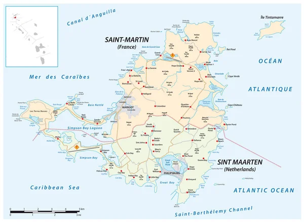 Hoja Ruta Isla Del Caribe Saint Martin Francia Países Bajos — Vector de stock