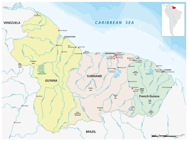 Mapa Států Guayana Surinam Francouzského Departementu Guyana — Stockový vektor