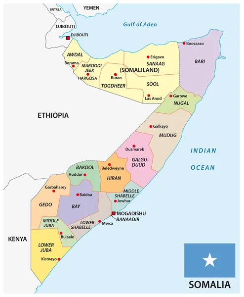 Mapa Vetorial Administrativo País Africano Oriental Somália —  Vetores de Stock