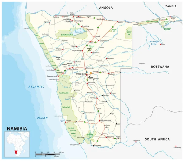 Detailed Vector Roads National Park Map Namibia — Vector de stock