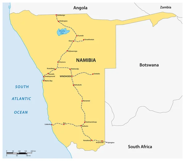 Χάρτης Δικτύου Διαδρομών Και Σιδηροδρομικούς Σταθμούς Στη Ναμίμπια — Διανυσματικό Αρχείο