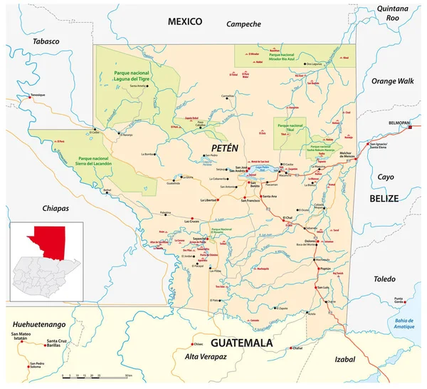 Mapa Caminos Parques Nacionales Del Estado Petén Guatemala — Vector de stock