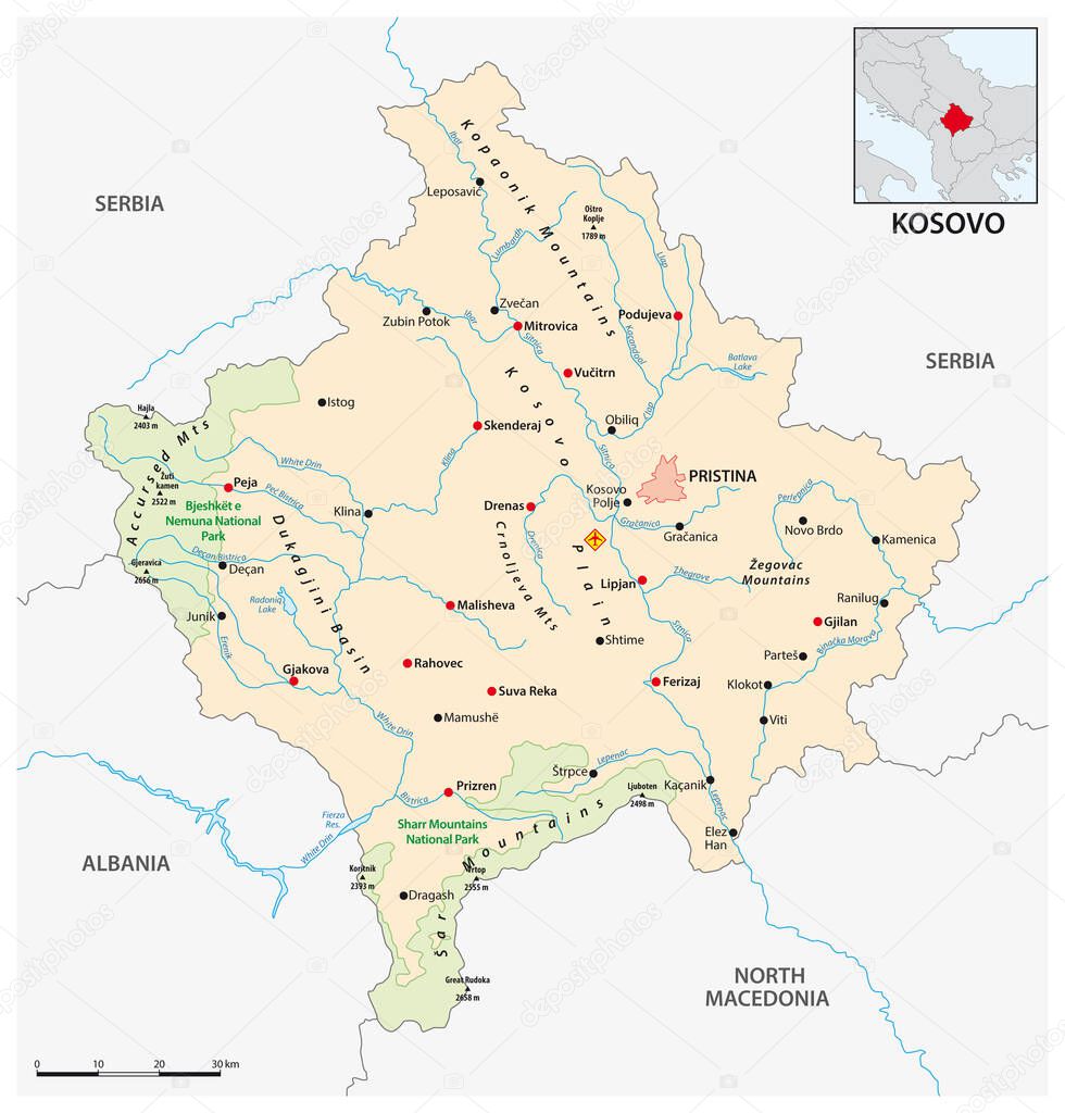 Vector map of the southern European Republick Kosovo