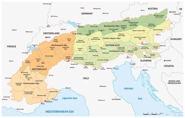 División Detallada Del Mapa Vectorial Los Alpes Europeos — Archivo Imágenes Vectoriales