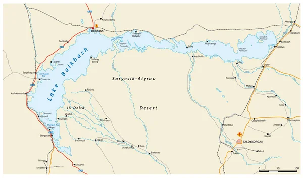 Vector Map Lake Balkhash Eastern Kazakhstan — Wektor stockowy