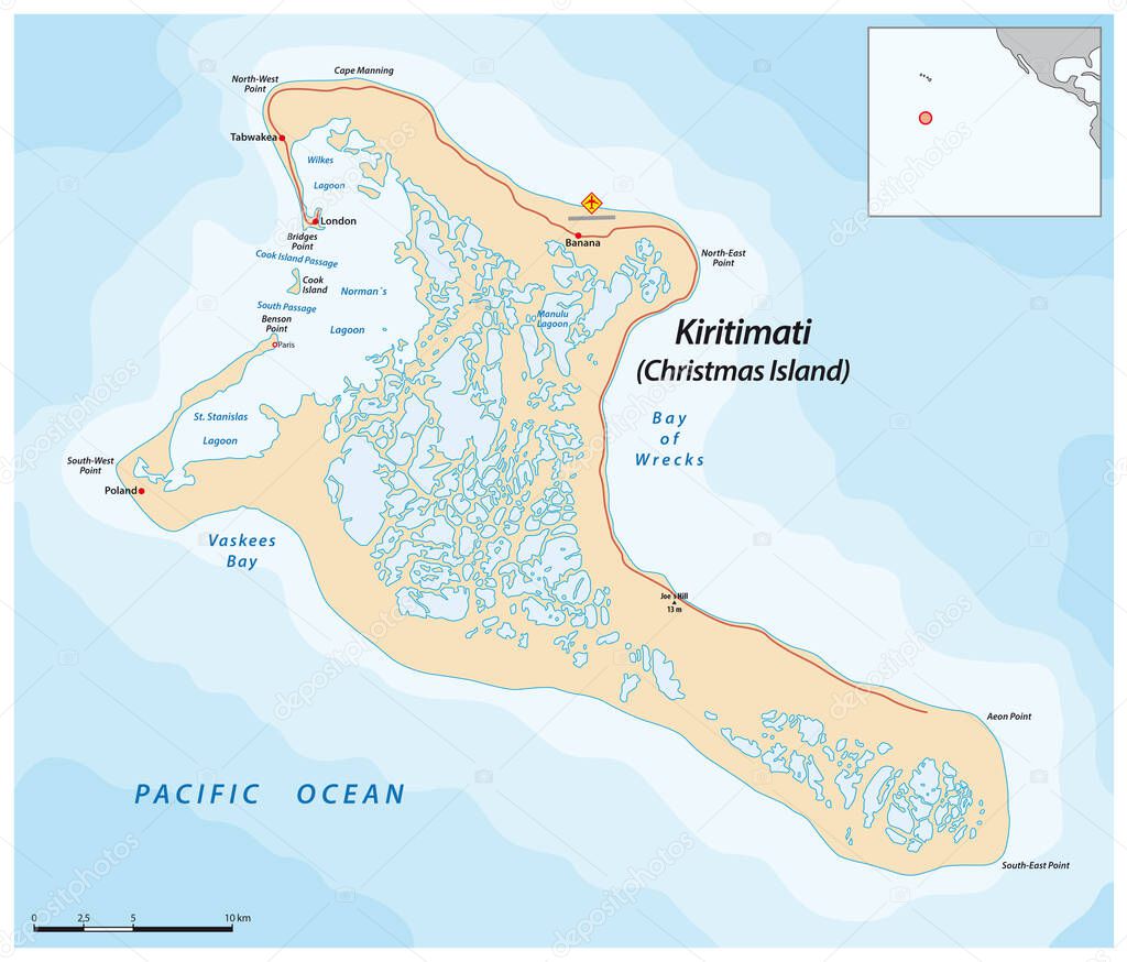 Vector map of Kiritimati Island, an atoll belonging to Kiribati