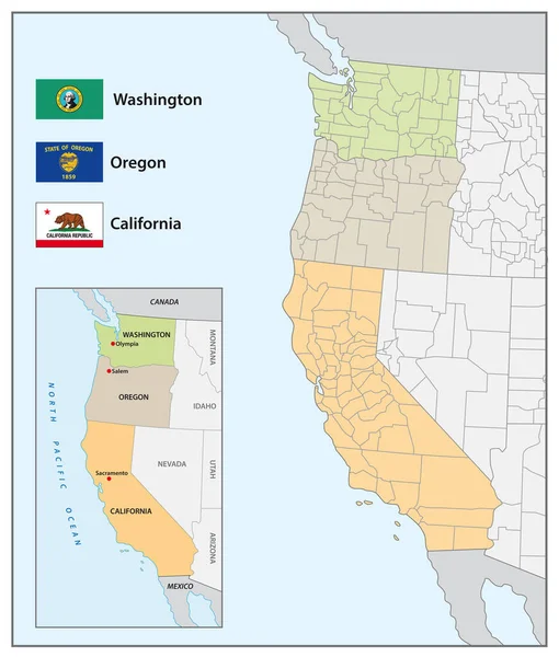 Hallinnollinen Kartta Yhdysvaltojen Länsirannikon Lippujen Kanssa — vektorikuva
