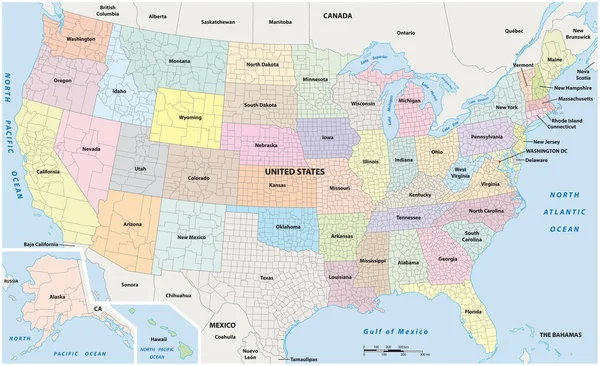 Colorful Outline Map States Counties United States — Vettoriale Stock