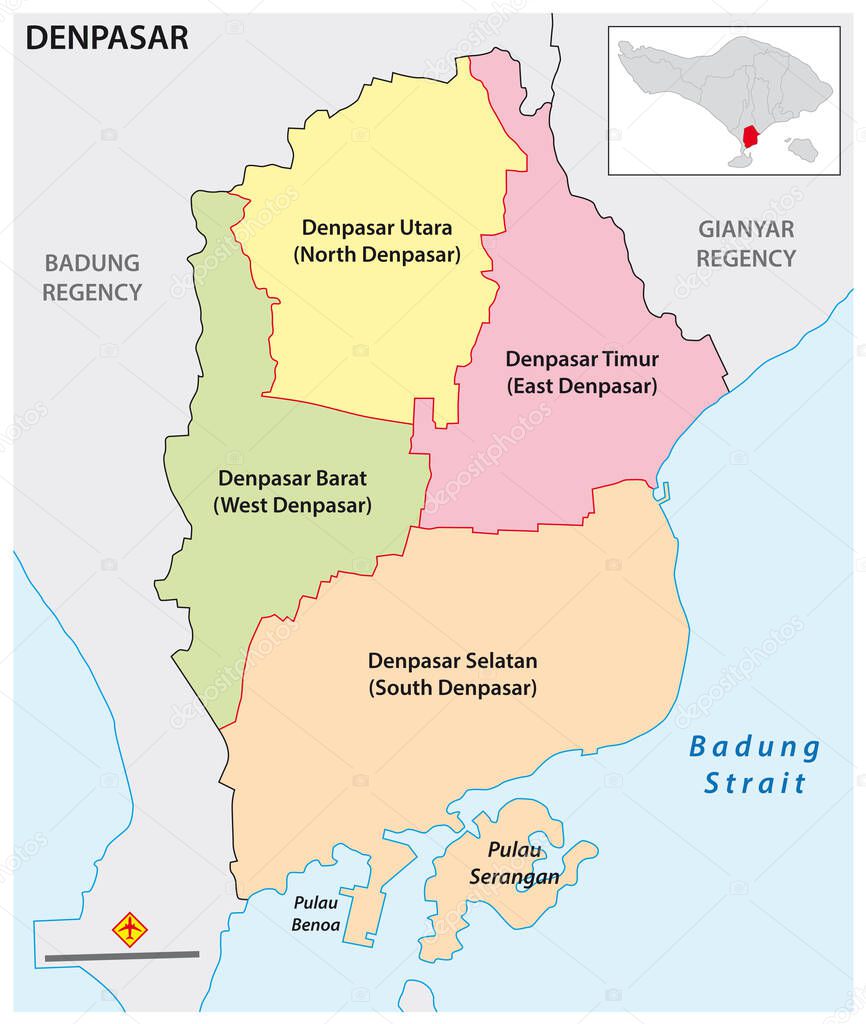 Vector administrative map of Balinese capital Denpasar, Indonesia