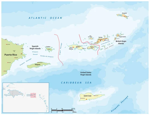 Vector Map British Spanish American Virgin Islands — Stockvector