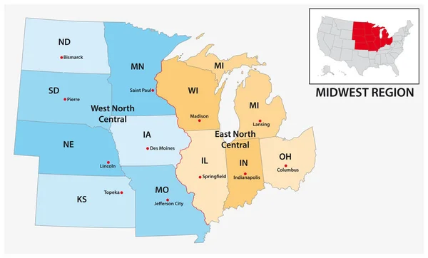 Administrative Vector Map Census Region Midwest — ストックベクタ