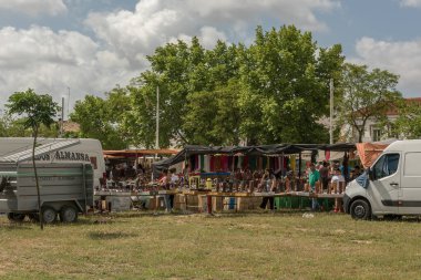EL ROCIO, SPAIN-MAY 13, 2022: Colorful street market in the pilgrimage town of El Rocio, Huelva, Spain