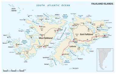 Falkland Islands, also Malvinas, vector road map