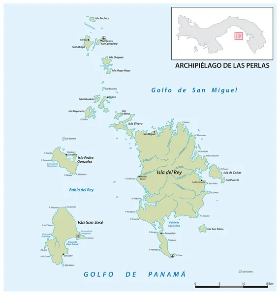 Mappa Delle Isole Delle Perle Dell Arcipelago Panamese Nel Golfo — Vettoriale Stock