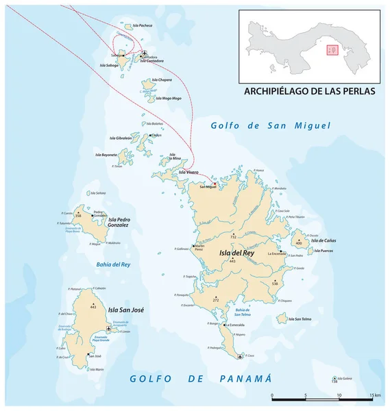 Mapa Vectorial Las Islas Perlas Del Archipiélago Panameño Golfo Panama — Vector de stock
