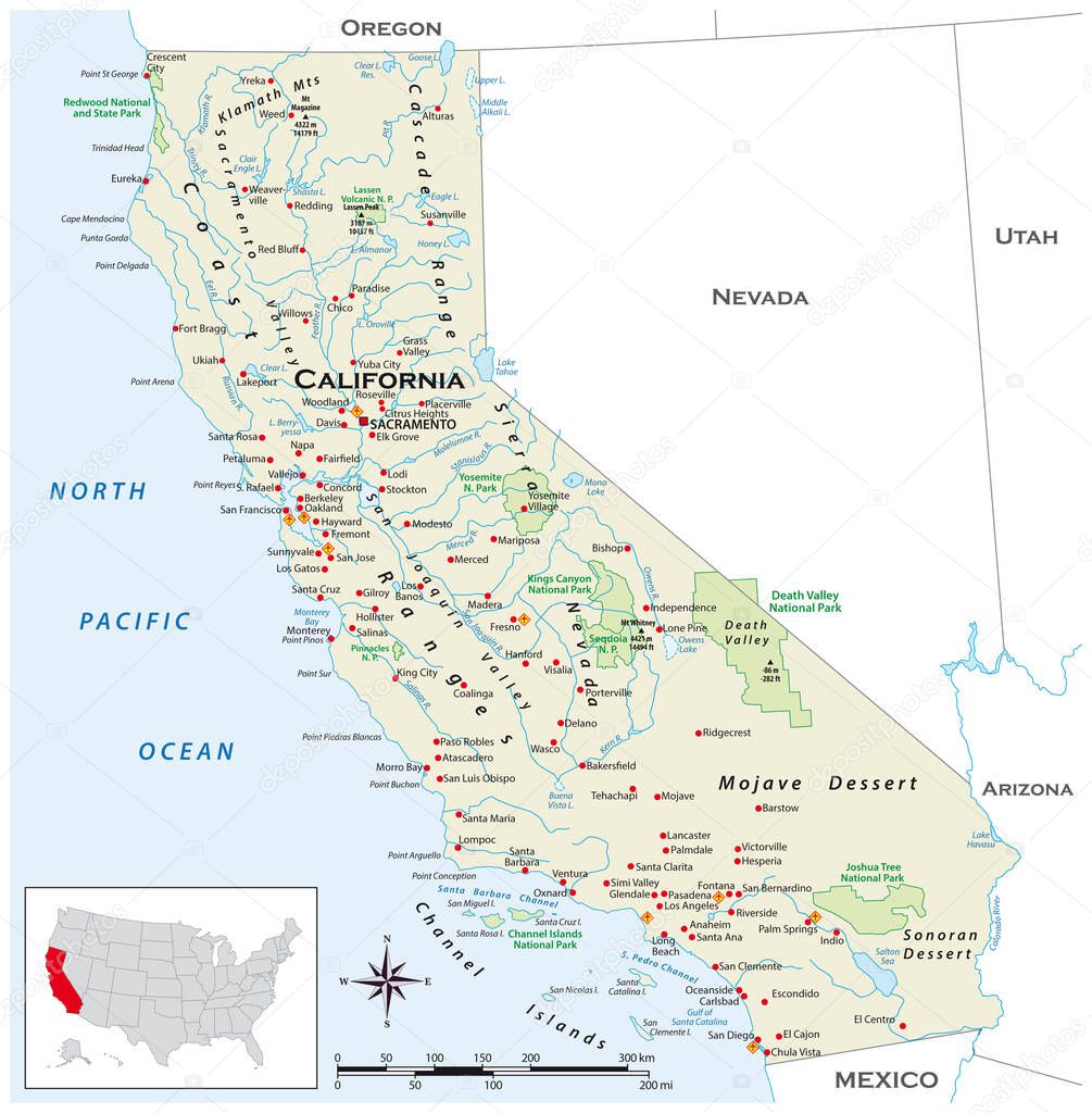 Highly detailed physical map of the US state of California