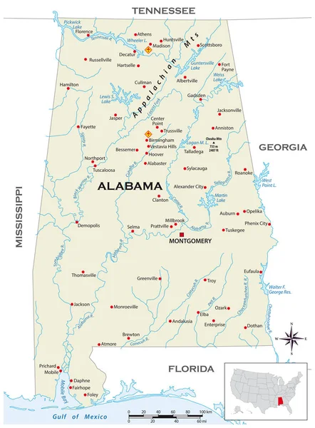 Εξαιρετικά Λεπτομερής Φυσικός Χάρτης Της Πολιτείας Της Αλαμπάμα Των Ηπα — Διανυσματικό Αρχείο