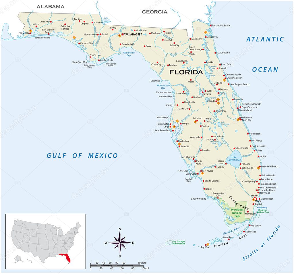 Highly detailed physical map of the US state of florida