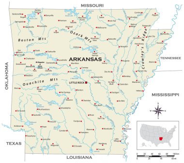 ABD 'nin Arkansas eyaletinin detaylı fiziksel haritası