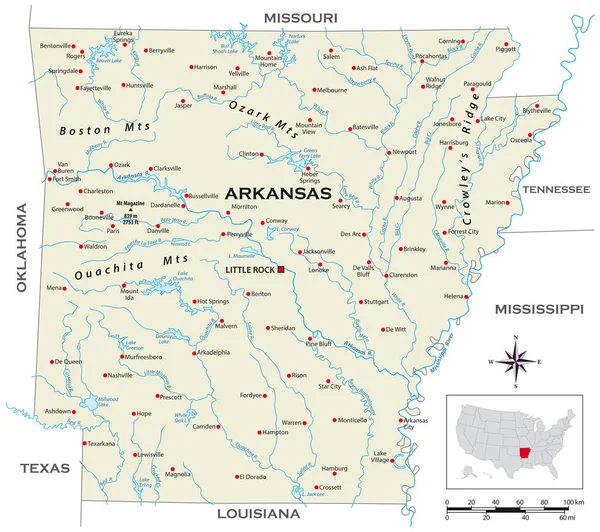 Zeer Gedetailleerde Fysieke Kaart Van Amerikaanse Staat Arkansas — Stockvector