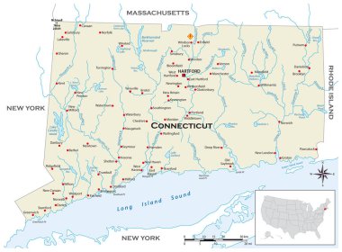 ABD 'nin Connecticut eyaletinin detaylı fiziksel haritası.
