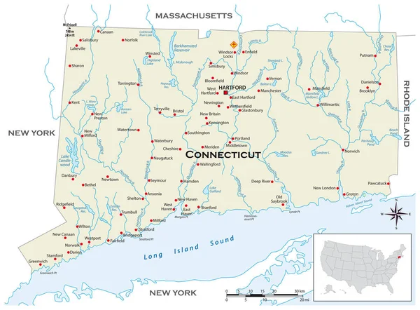 Подробная Физическая Карта Американского Штата Коннектикут — стоковый вектор
