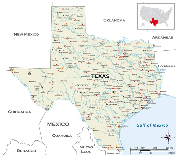 Harta Fizică Foarte Detaliată Statului American Texas — Vector de stoc