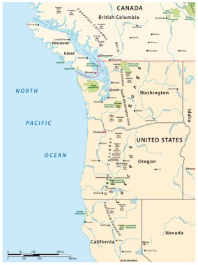 Cascade Sıradağları 'nın haritası, Kuzey Amerika' nın batı kıyısına paralel uzanan volkanik dağ sırası.