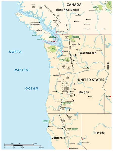 Map Cascade Range Volcanic Mountain Range Runs Parallel West Coast — Stock Vector