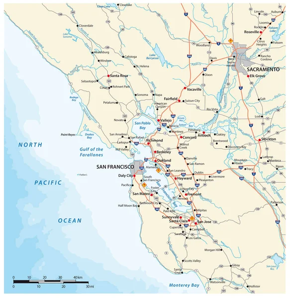 Peta Jalan Wilayah Teluk San Francisco California Amerika Serikat - Stok Vektor