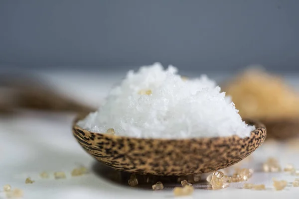 Белая Соль Ложке Дерева Концепции Приготовления Пищи — стоковое фото