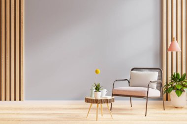 Boş, siyah arka plan 3D işlemeli bir koltuğu olan modern iç mekan.