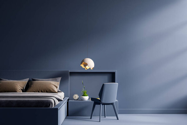 Dark bed and mockup dark blue wall in bedroom interior,3d rendering