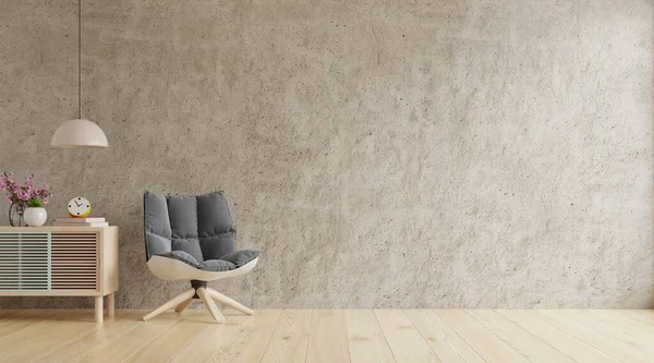 Living room interior wall mockup with armchair and a wooden cabinet on concrete wall.3d rendering