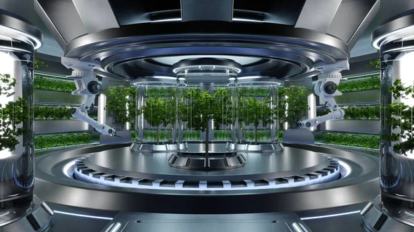 Hydroponics Lab room on spacecraft with robots taking care.3D rendering