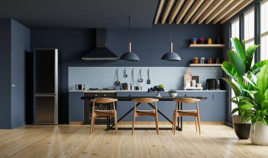 Modern stil mutfak iç tasarımı koyu mavi 3D duvar tasarımı