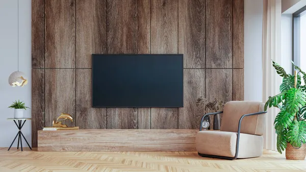 橱柜上的电视 客厅的木制墙壁 扶手椅 最小设计 3D渲染 — 图库照片