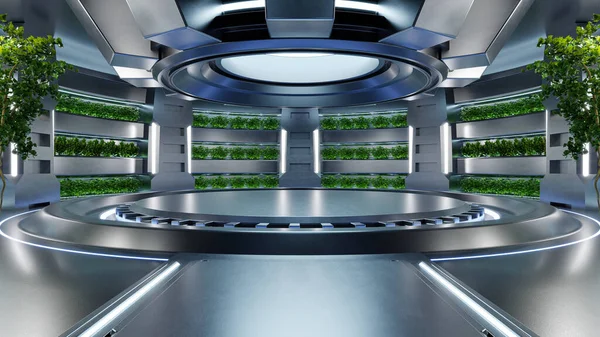 円形の表彰台を持つ宇宙船のHydroponics Labルーム3Dレンダリング — ストック写真