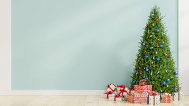Oturma odasındaki Noel ağacı. Boş mavi duvar 3D.
