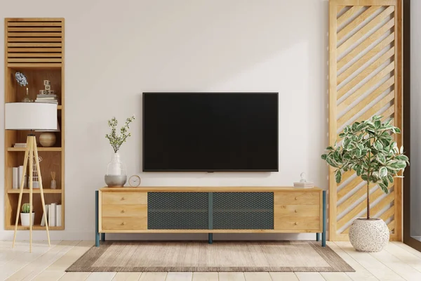 TV LED on the cabinet in modern living room on white wall background,3d rendering