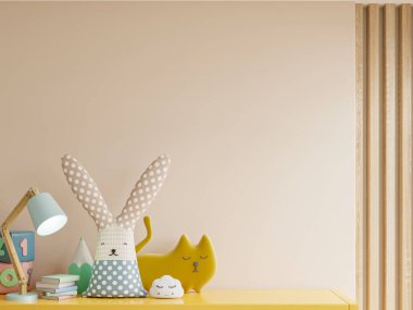 Açık krem arkaplanı olan bir çocuk odasındaki duvarın maketi, 3 boyutlu.