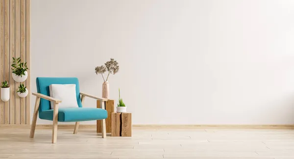 Modernes Minimalistisches Interieur Mit Blauem Sessel Auf Leerem Weißen Wandhintergrund — Stockfoto