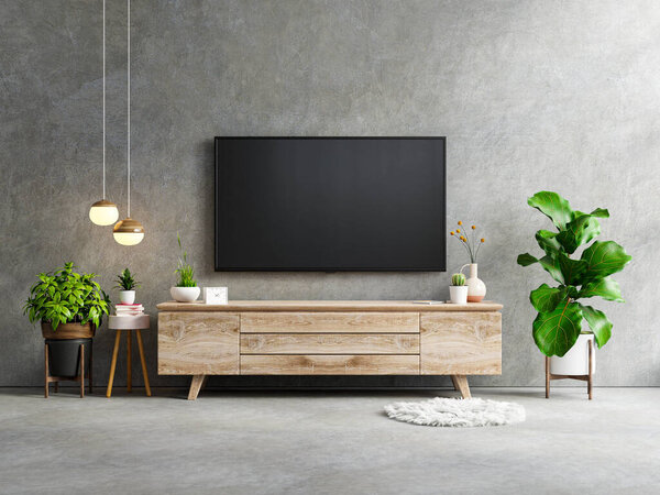 TV LED on the cabinet in living room interior wall mockup on concrete wall background,3d rendering