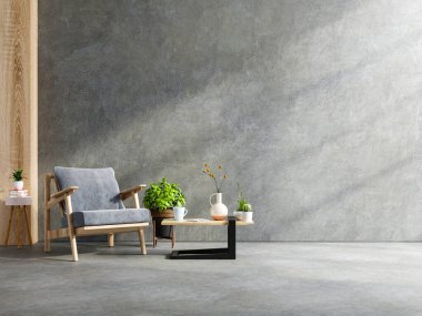 Koltuk ve oturma odasında ahşap bir masa. İçi bitki, beton duvar 3D döşemeli.