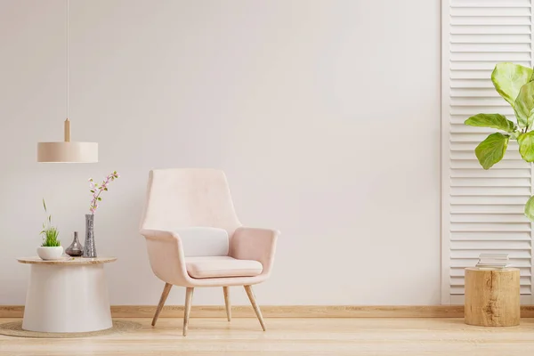 Living room interior wall mockup in warm tones with pink armchair,minimal design.3D rendering