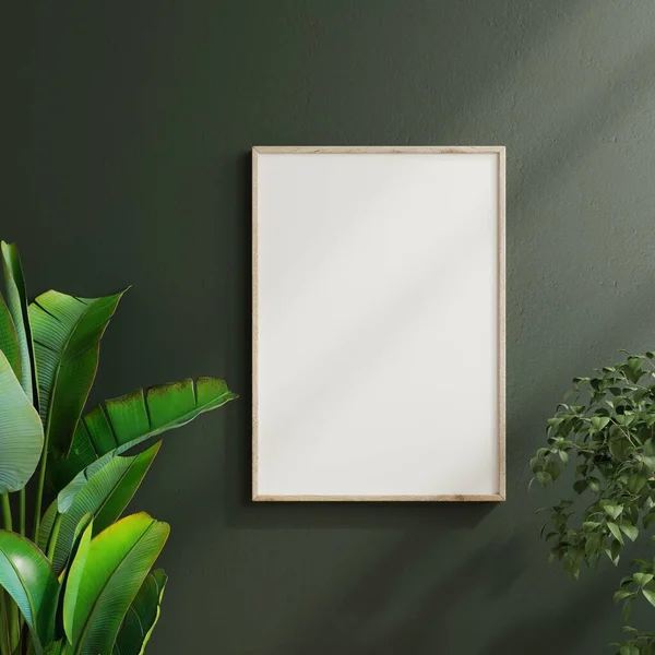 Mockup Plakát Rám Minimalistickém Interiéru Pozadí Tmavě Zelenou Stěnou Vykreslování — Stock fotografie